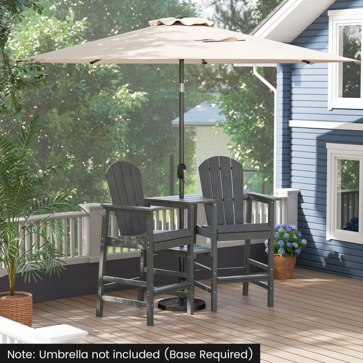 Gray 2-seat Adirondack chair set with double connecting tray, perfect for patio or deck relaxation. Umbrella base.