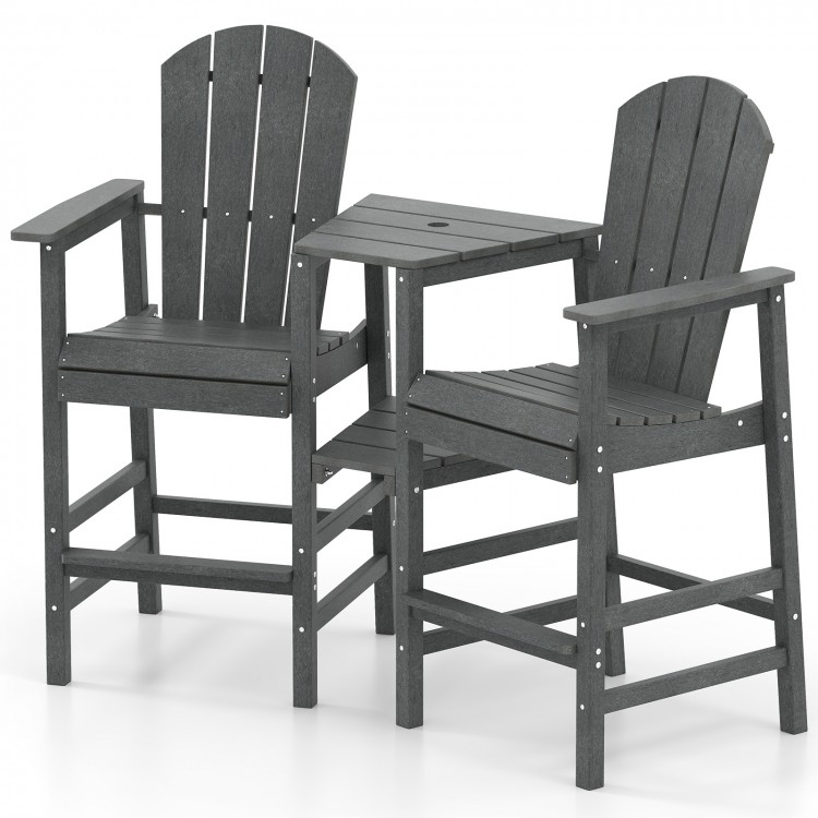 Two-seat gray Adirondack chair set with a connecting tray, made from weatherproof HDPE for outdoor relaxation.