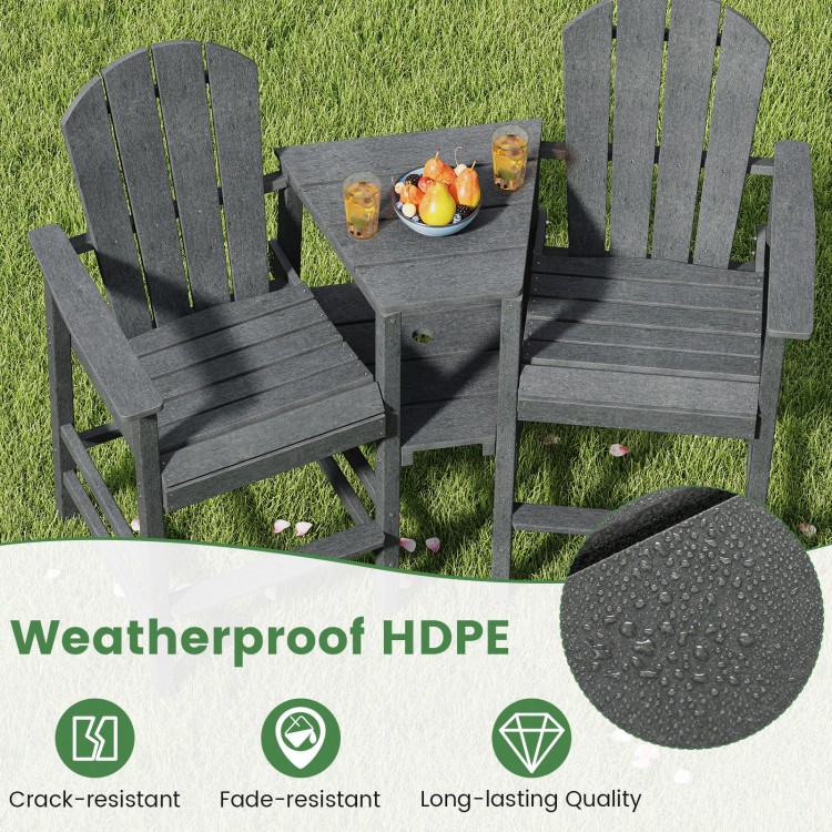Two-seat gray Adirondack chair made of weatherproof HDPE with a built-in tray, ideal for patio or poolside use.