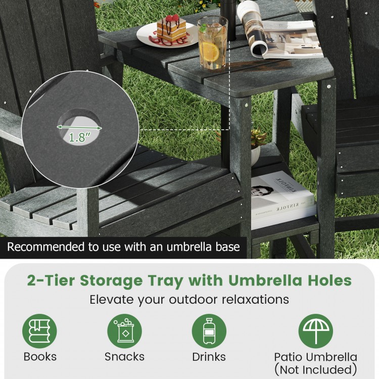 2-tier storage tray of a gray all-weather Adirondack chair with umbrella holes for outdoor relaxation and convenience.