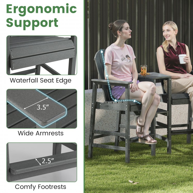 Bar height Adirondack chair with wide armrests and comfy footrests, perfect for patio relaxation and outdoor gatherings.