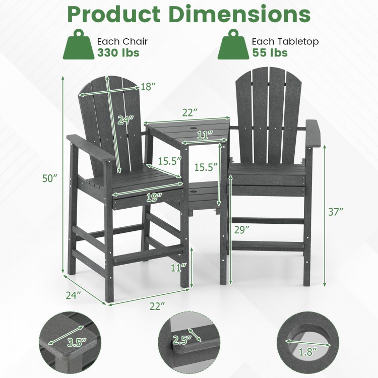 Dimensions of the gray 2-seat Adirondack chair set with double tray, featuring weatherproof HDPE and bar height design.