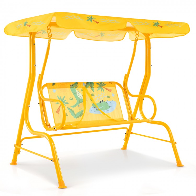 Yellow 2-seater kids patio swing with adjustable canopy, safety belts, and cartoon patterns for outdoor fun.