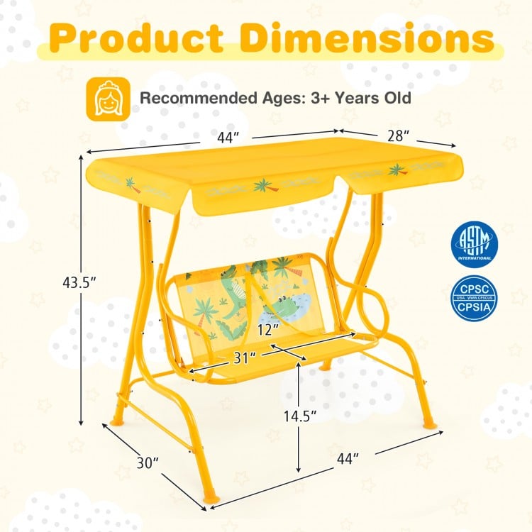2-seater kids patio swing in yellow with adjustable canopy, designed for ages 3+, featuring safety belts and ergonomic.
