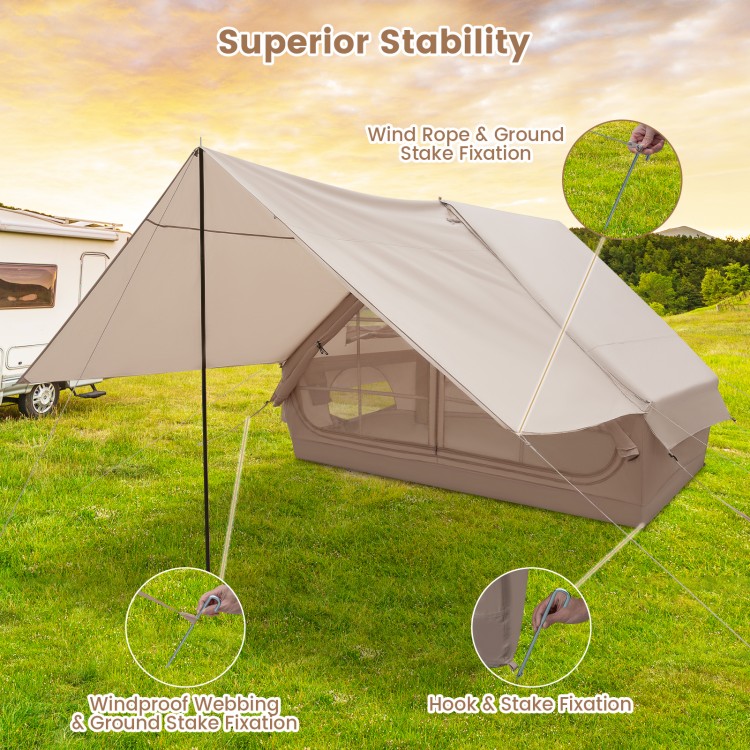Inflatable camping tent with porch, beige color, featuring windproof webbing and ground stake fixation for stability.