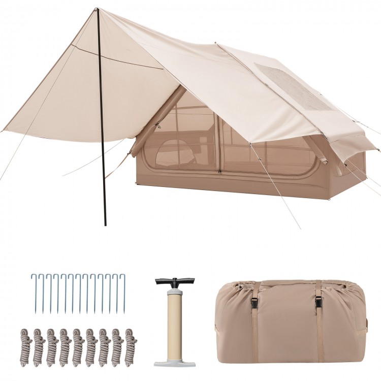 Inflatable camping tent for 4-6 people in beige, featuring a spacious porch, waterproof material, and quick inflation.