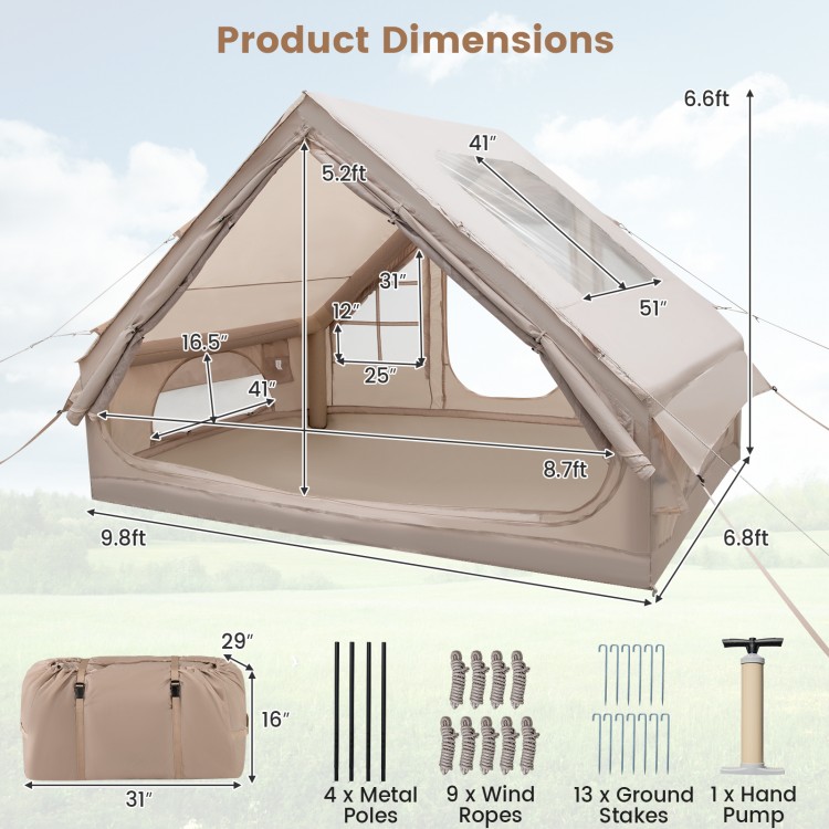 Dimensions of the beige 4-6 people inflatable camping tent with porch, showcasing size and setup details for easy.