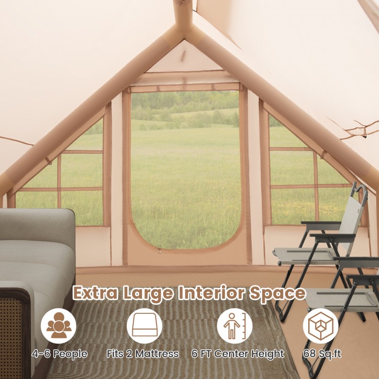 Spacious beige inflatable camping tent for 4-6 people, featuring large windows and a removable vestibule for shade.