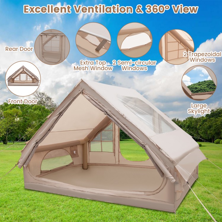 Inflatable camping tent for 4-6 people in beige, featuring large skylight and multiple mesh windows for ventilation.