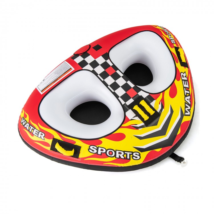Towable tube with cockpit seating, heavy-duty PVC, and padded handles for safe water sports enjoyment.
