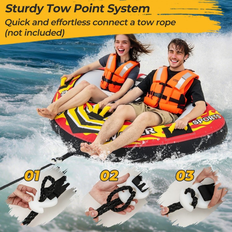 Towable tube featuring quick connector, heavy-duty PVC bladder, and padded handles for comfortable water sports fun.