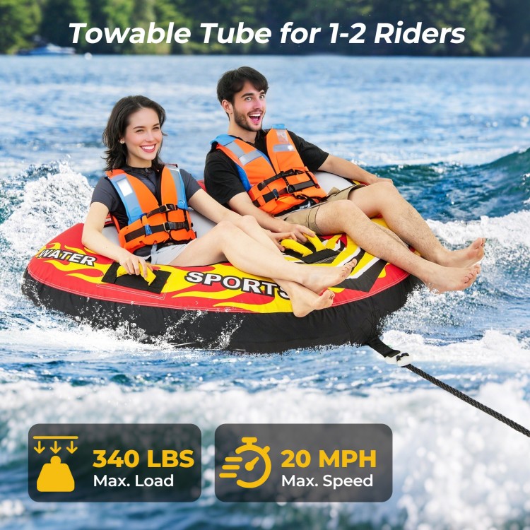 Towable tube for 1-2 riders with heavy-duty PVC, quick connector, and drainage for smooth water sports enjoyment.