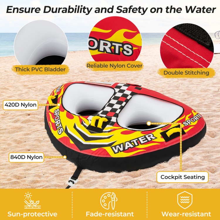 Towable tube with cockpit seating, heavy-duty PVC bladder, and durable nylon cover for water sports enjoyment.