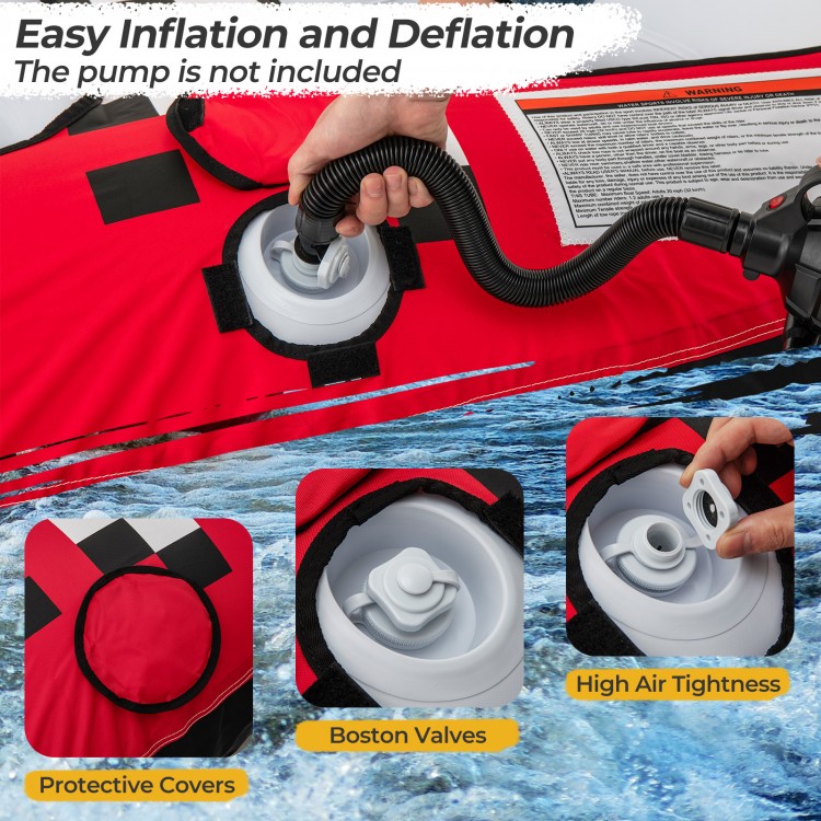 Close-up of Boston valves with protective covers on a towable tube, featuring heavy-duty PVC for water sports.