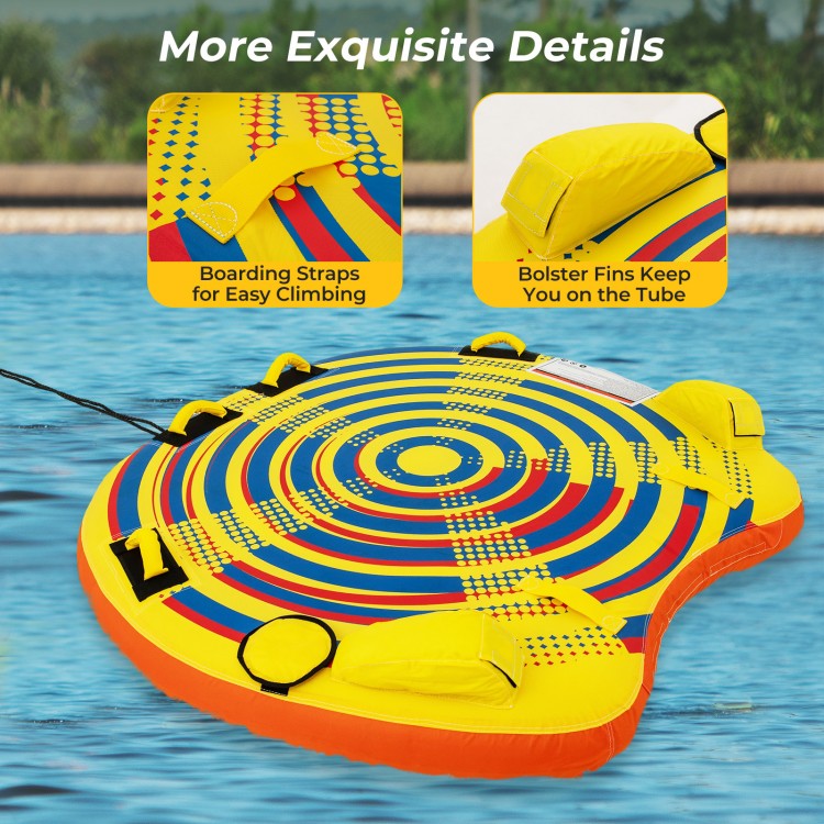 Inflatable towable tube for 1 or 2 persons with bright colors, padded handles, and boarding straps for easy climbing.