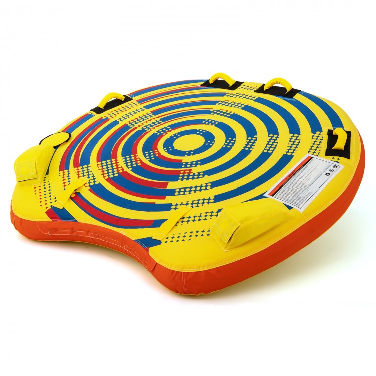 Brightly colored inflatable towable tube for 1 or 2 persons, featuring padded handles and quick connector for boating.
