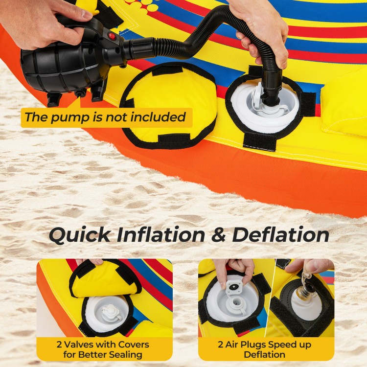 Close-up of the inflatable towable tube's valves, featuring quick inflation and deflation for water sports activities.
