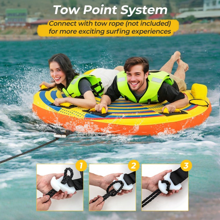 Inflatable towable tube for 1 or 2 persons with quick connector, featuring padded handles and durable PVC for water.