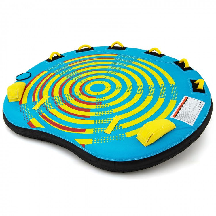 U-shaped inflatable boat tube platform with bright colors, durable nylon cover, and foam padded handles for 2-3 riders.