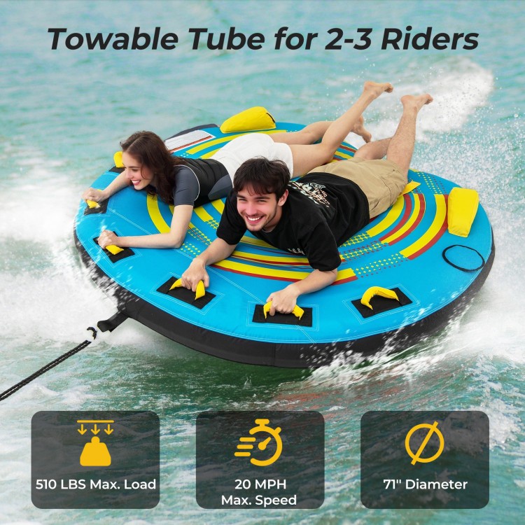Towable tube for 2-3 riders, 71" diameter, made of durable PVC with foam handles, ideal for lakes and rivers.