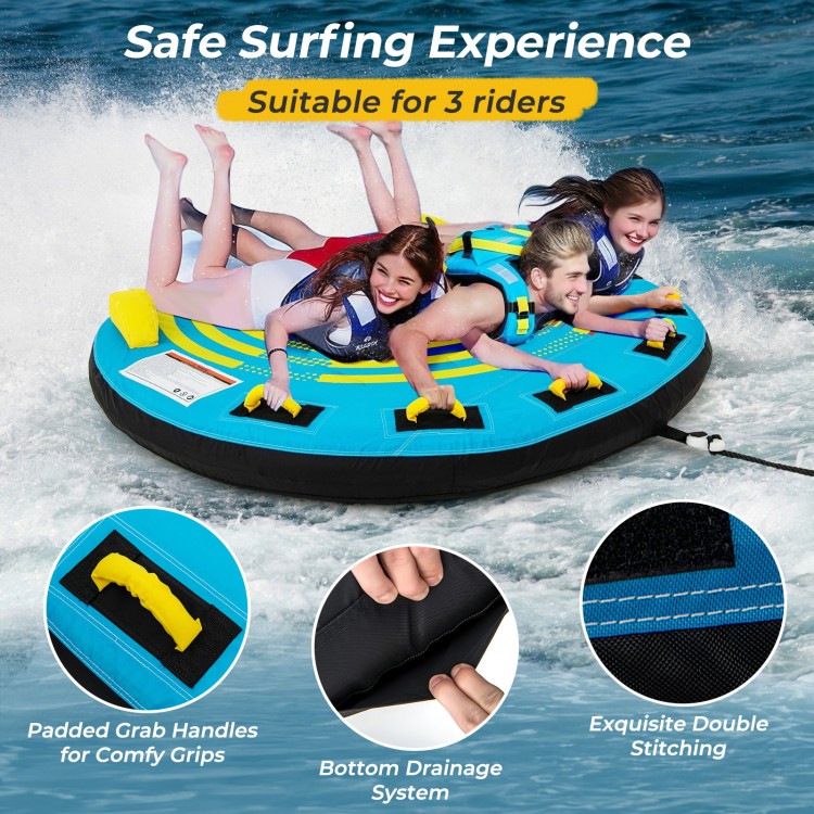 3-person inflatable boat tube with padded handles, durable nylon cover, and bottom drainage system for safe water fun.