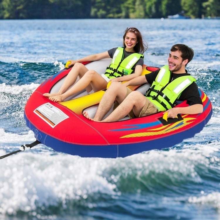 Inflatable towable tube for 1-2 persons with cockpit seating, heavy-duty PVC, and thick foam padded handles for comfort.