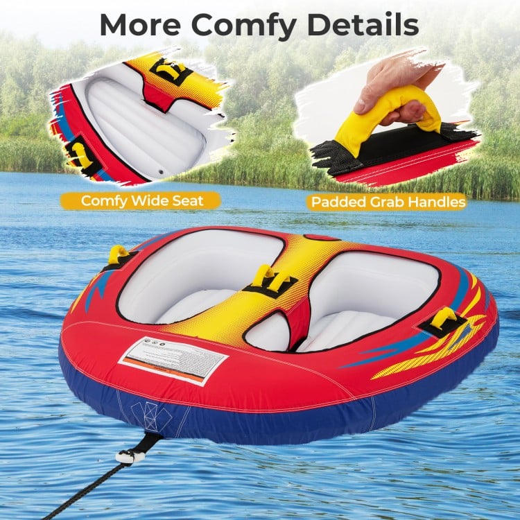 Inflatable towable tube featuring comfy wide seat and padded grab handles, designed for 1 or 2 persons for boating fun.