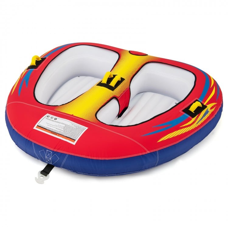 Inflatable towable tube for 1 or 2 persons with heavy-duty PVC, padded handles, and drainage opening for smooth rides.