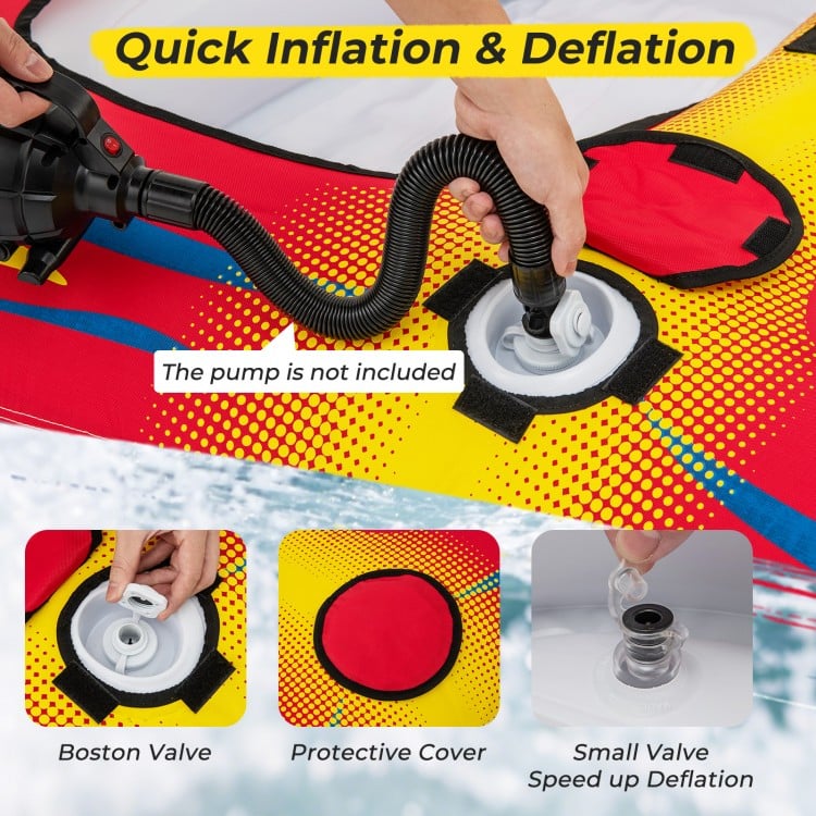Close-up of the Boston valve on a 1 or 2 person inflatable towable tube for easy inflation and deflation.