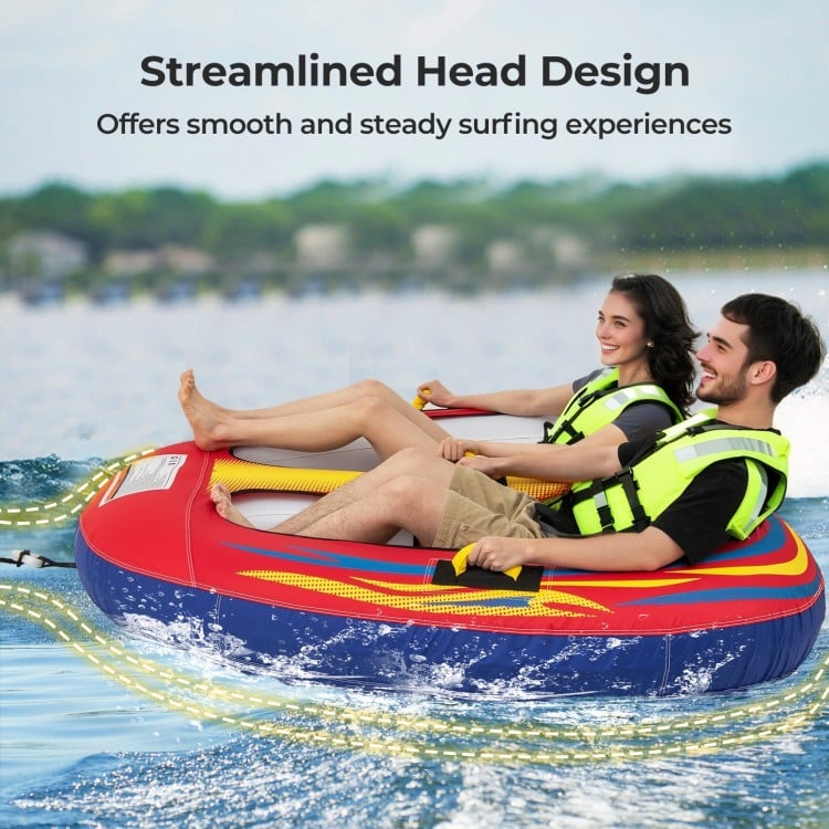 Side view of the inflatable towable tube for 1-2 persons, highlighting the streamlined head design for smooth surfing.