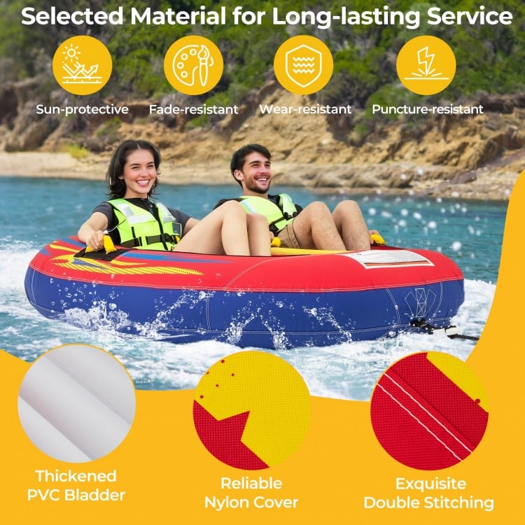 Two-person inflatable towable tube with heavy-duty PVC bladder and padded handles for safe water sports enjoyment.