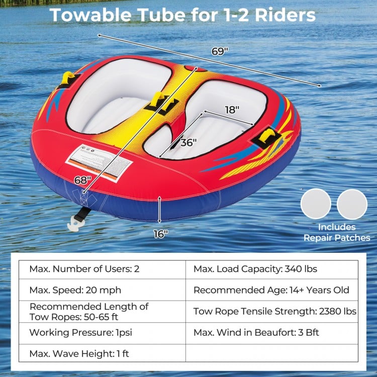 Inflatable towable tube for 1-2 riders, featuring heavy-duty PVC, padded handles, and drainage for smooth water sports.