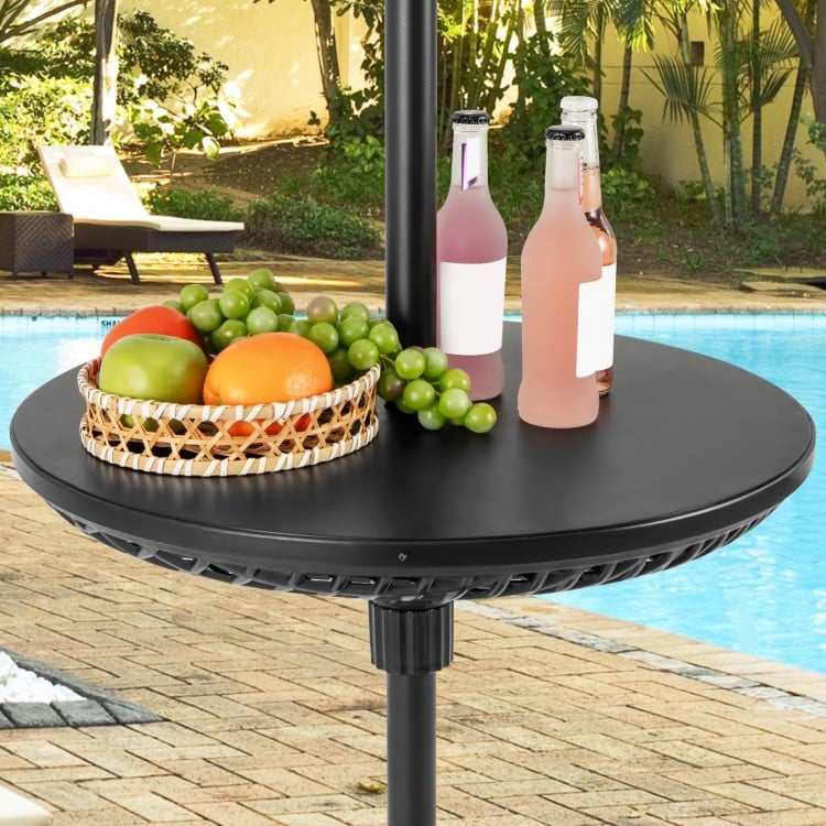 Adjustable black patio umbrella table tray with fruits and drinks, designed for stability and easy assembly by the.