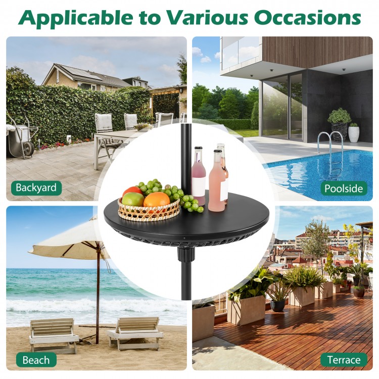 Adjustable black patio umbrella table tray with fruit and drinks, ideal for beach, poolside, and backyard gatherings.