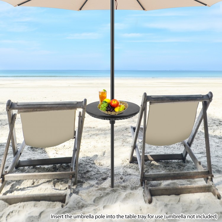 Patio umbrella table tray in black with adjustable adapters, ideal for beach and poolside use, lightweight and portable.