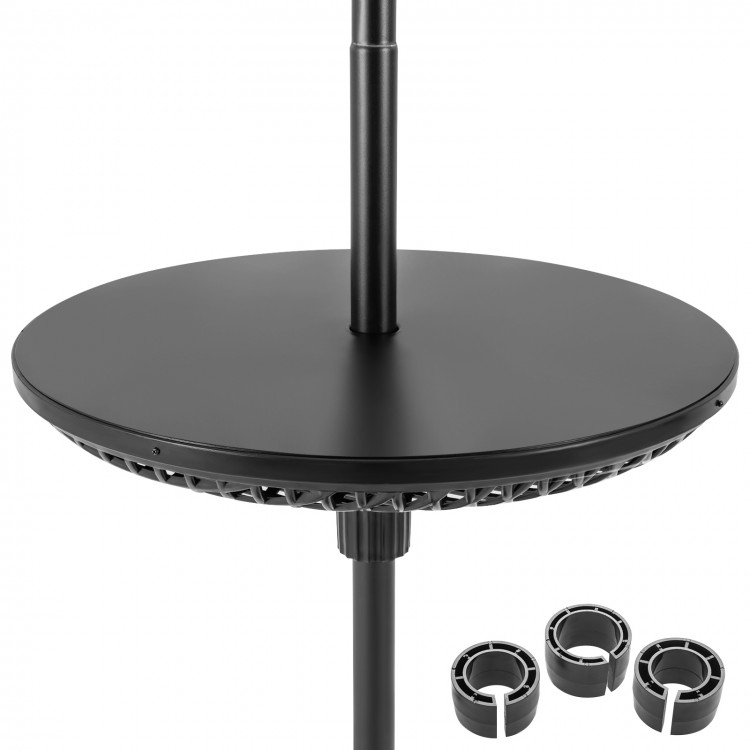Adjustable black patio umbrella table tray with three adapters for various pole sizes, perfect for outdoor use.