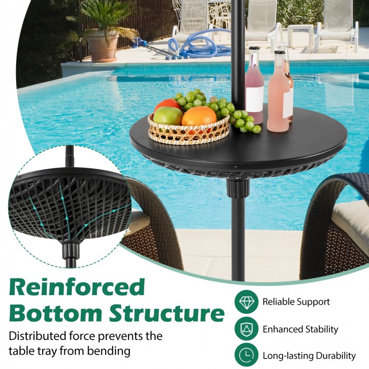 Adjustable black patio umbrella table tray with reinforced structure for stability, perfect for poolsides and backyards.