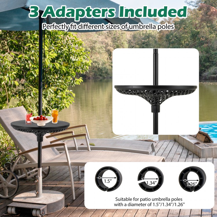 Patio umbrella table tray in black with 3 adapters for 1.5"/1.34"/1.26" poles, ideal for outdoor use and stability.