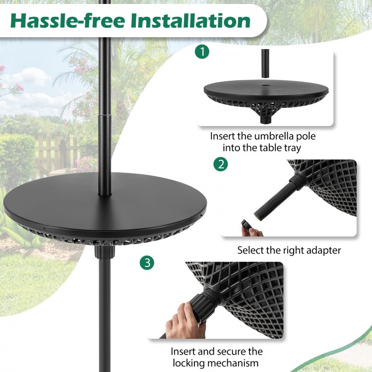 Patio umbrella table tray in black with adjustable adapters for various pole sizes, designed for easy installation and.