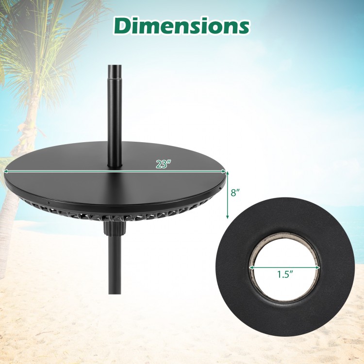 Adjustable black patio umbrella table tray with 23" diameter and 1.5" pole adapter, ideal for outdoor stability.