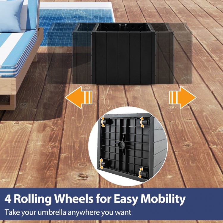 Black 2-in-1 outdoor umbrella base and planter with 4 rolling wheels for easy mobility on patio surfaces.