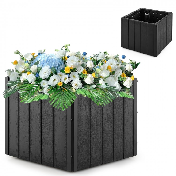 Large black square outdoor umbrella base planter with flowers, made from durable HDPE, accommodates 6-10 ft umbrellas.
