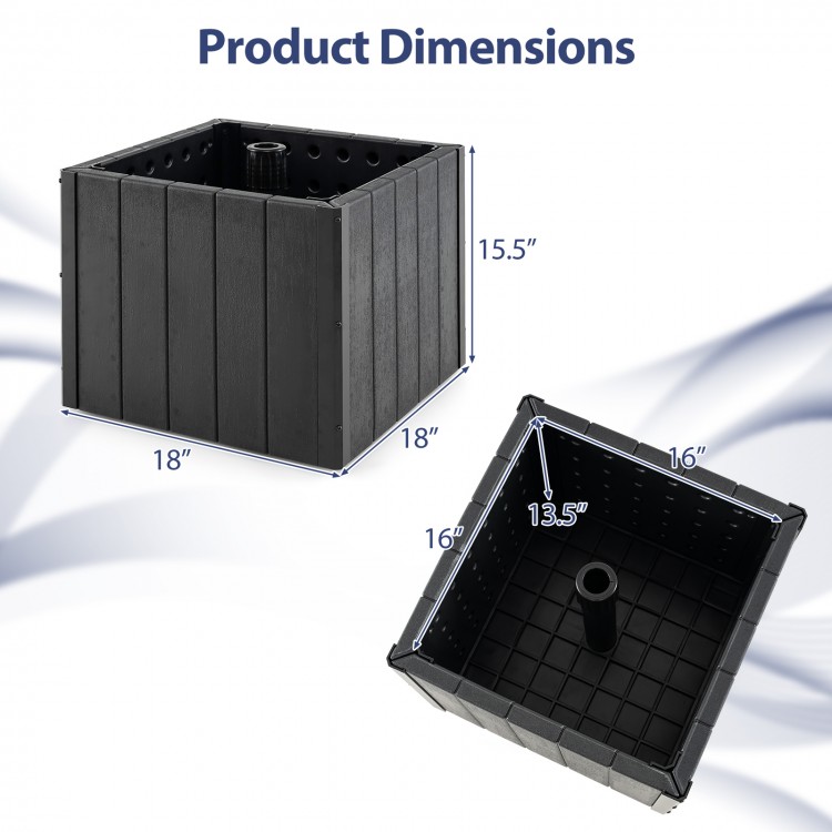Square black umbrella base planter with dimensions 18" x 15.5", designed for 6-10 ft patio umbrellas and easy mobility.