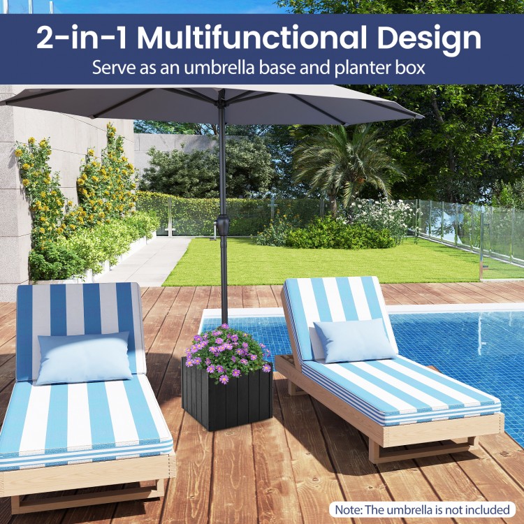 Black 2-in-1 outdoor umbrella base and planter with simulated wood grain, designed for 6-10 ft patio umbrellas.