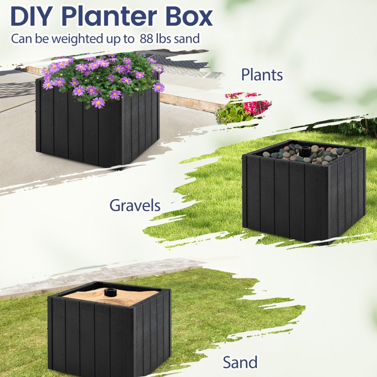 Large black 2-in-1 outdoor umbrella base planter with simulated wood grain, suitable for 6-10 ft patio umbrellas.