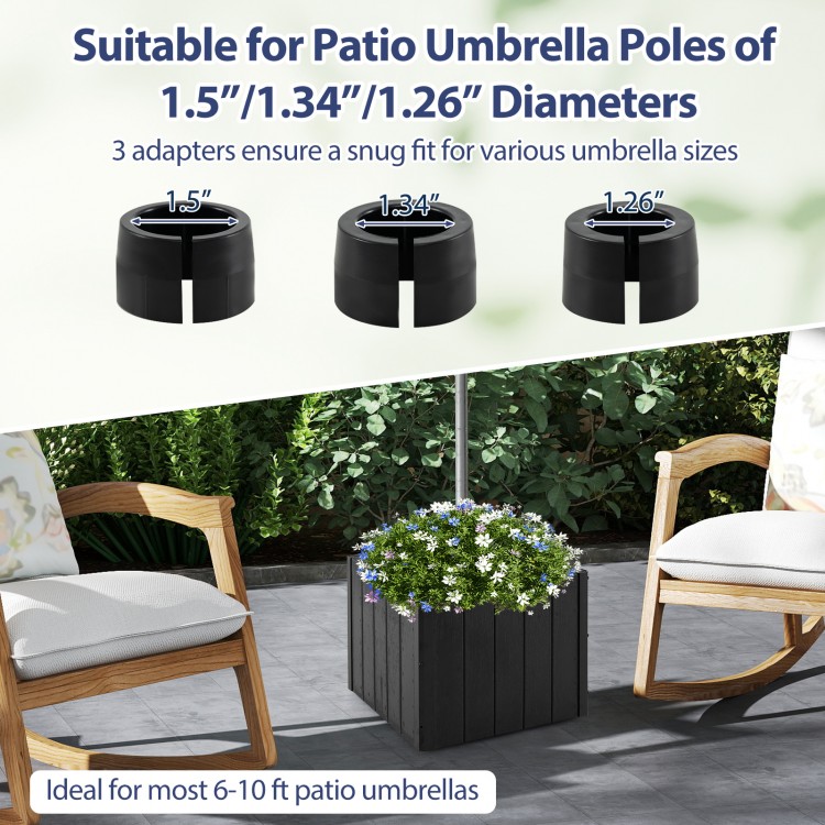Large square umbrella base and planter in black, fits 6-10 ft umbrellas, with 3 couplers for various pole diameters.