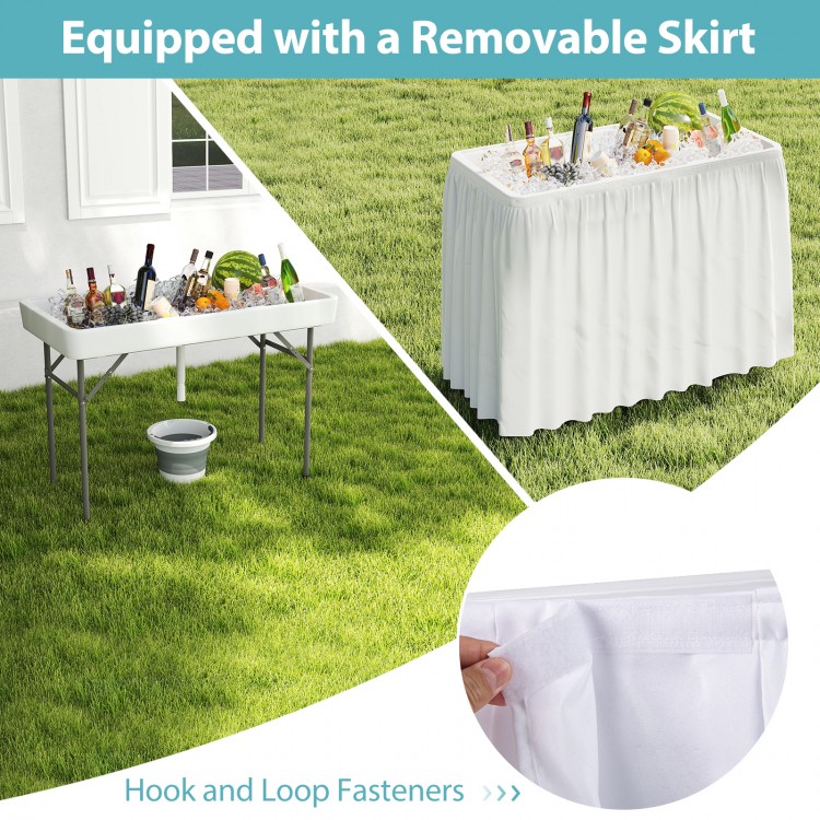 Portable 4-foot ice cooler folding table with removable skirt, large sink, and sturdy metal frame for outdoor events.