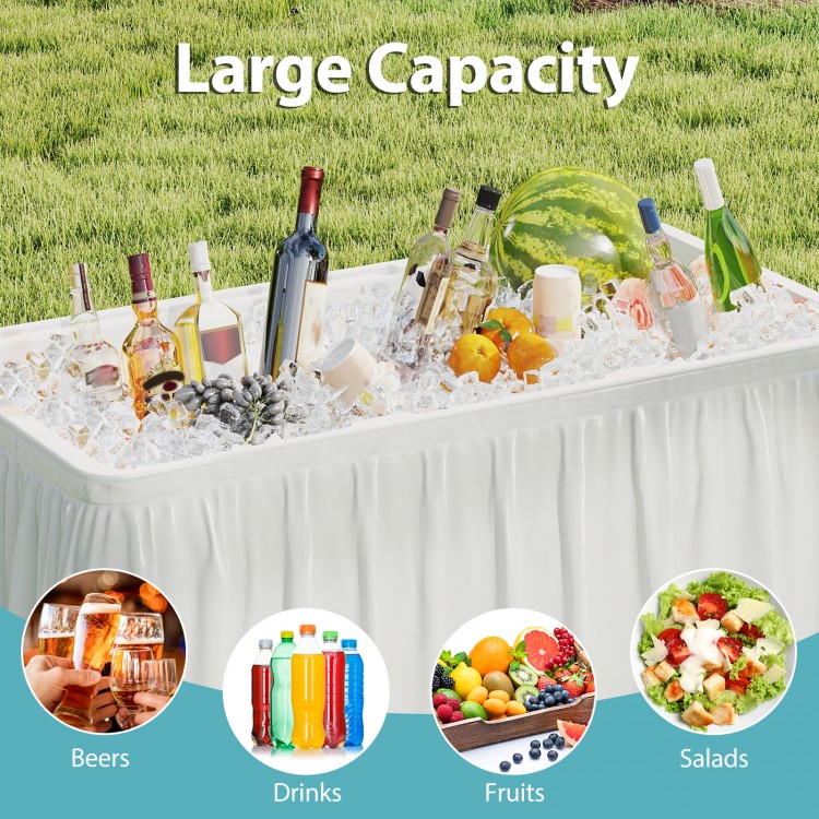 Portable 4-foot ice cooler folding table with large capacity for beers, drinks, fruits, and salads, ideal for outdoor.