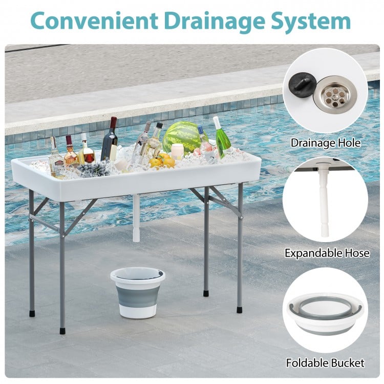 4-foot portable ice cooler folding table with large sink, drainage system, and sturdy metal frame for outdoor events.