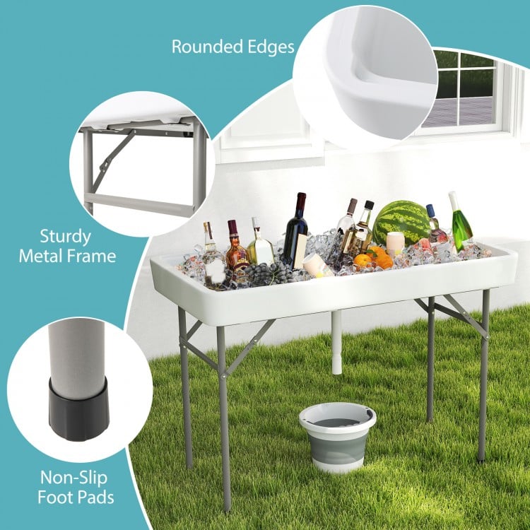 4-foot portable ice cooler folding table with large sink, sturdy metal frame, and non-slip foot pads for outdoor events.